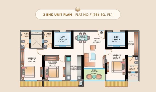 Spacious floor plan layout for 2 & 3 BHK homes – Shree Om Paradise Borivali West